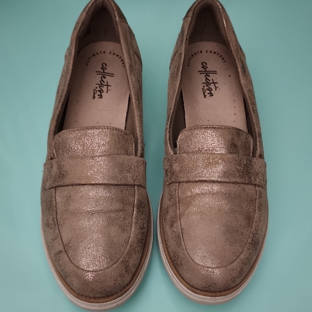 Clarks Sharon Gracie Pewter Metallic Leather Slip On Comfort Loafers Size 8.5